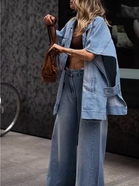 Wide-Fit light blue denim sleeveless VEST open sides with buttons.
